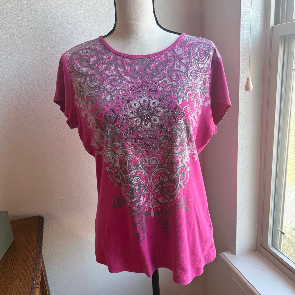 Blue Canyon Y2K Hot Pink Embellished Filigree Short Sleeve Tee Womens XL McBling